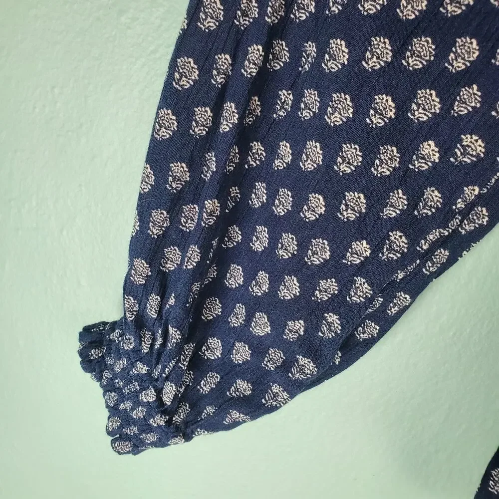 Faherty Womens Navy Blue Emery Print Blouse Top Size Large Lotus Floral